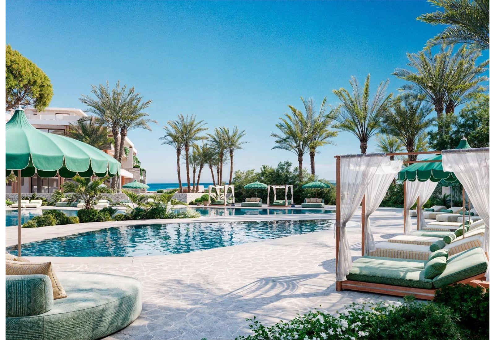 Basen z leżakami i parasolami w apartamentach Sierra Blanca by the Sea.